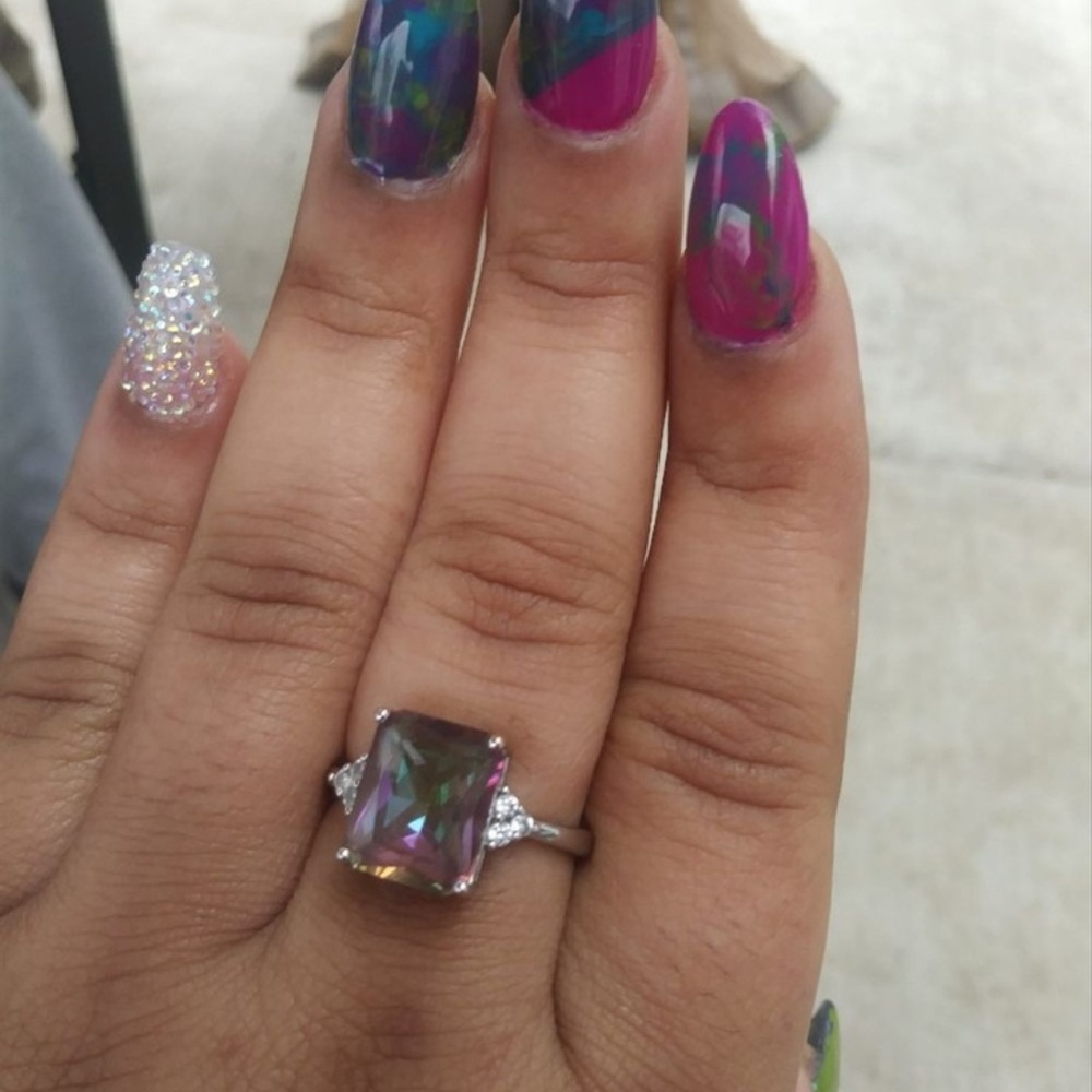 Sterling Silver Ring Princess Cut Mystic Rainbow